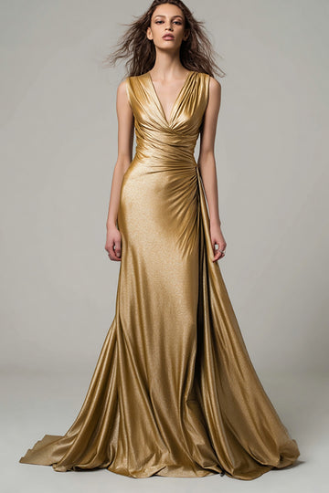 Metallic Gold Satin V-Neck Maxi Formal Dress